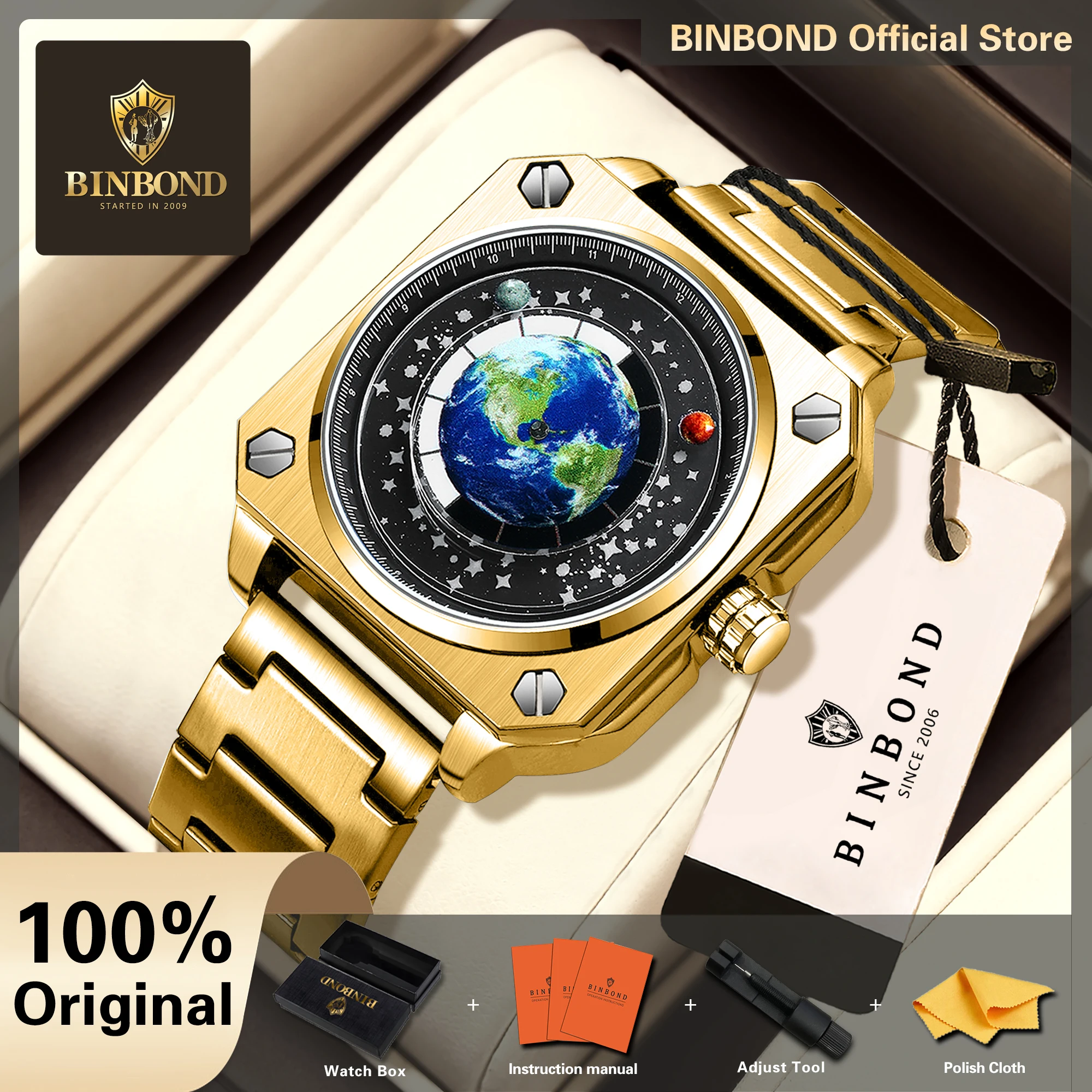 BINBOND Original Earth&Star Quartz Wristwatches For Men Luxury Luminous Waterproof Men's Watch Reloj Hombre Lujo Alta Gama+Box