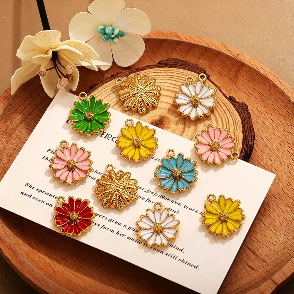 5pcs Stainless Steel Enamel Round Daisy Flower Charms Gold Plated Metal Floral Pendants For DIY Jewelry Making Accessories Carft