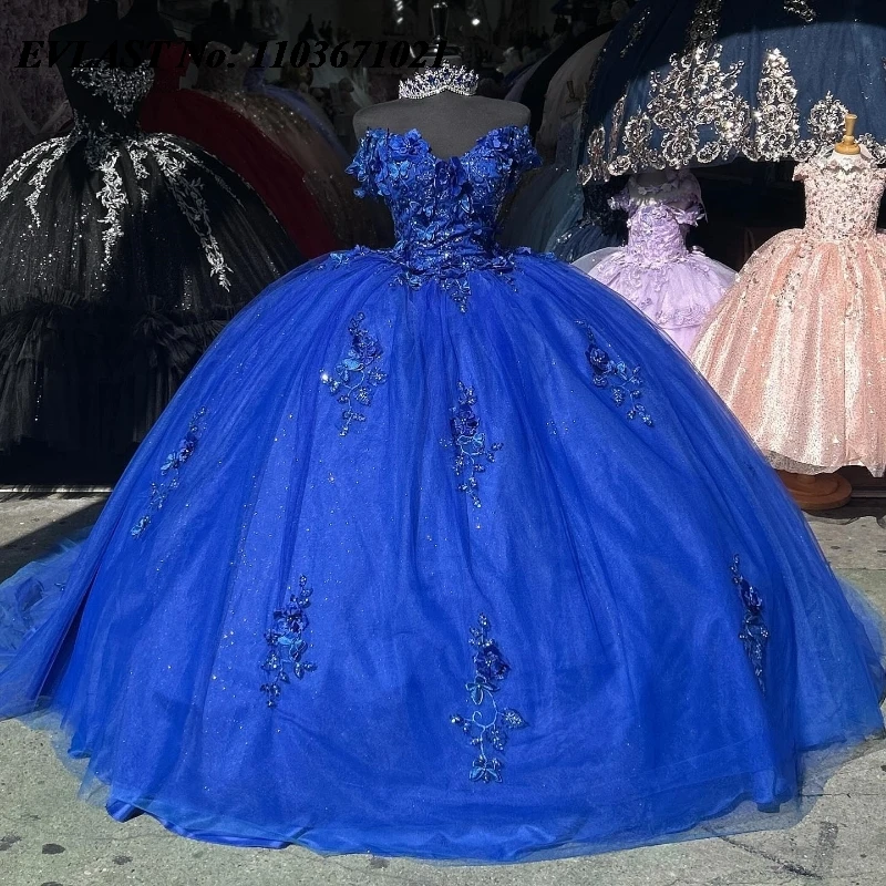 

EVLAST мексиканское Королевское синее бальное платье, платье Quinceanera с открытыми плечами, Кружевная аппликация, вышивка бисером, милое 16 Vestidos De XV, SQ313