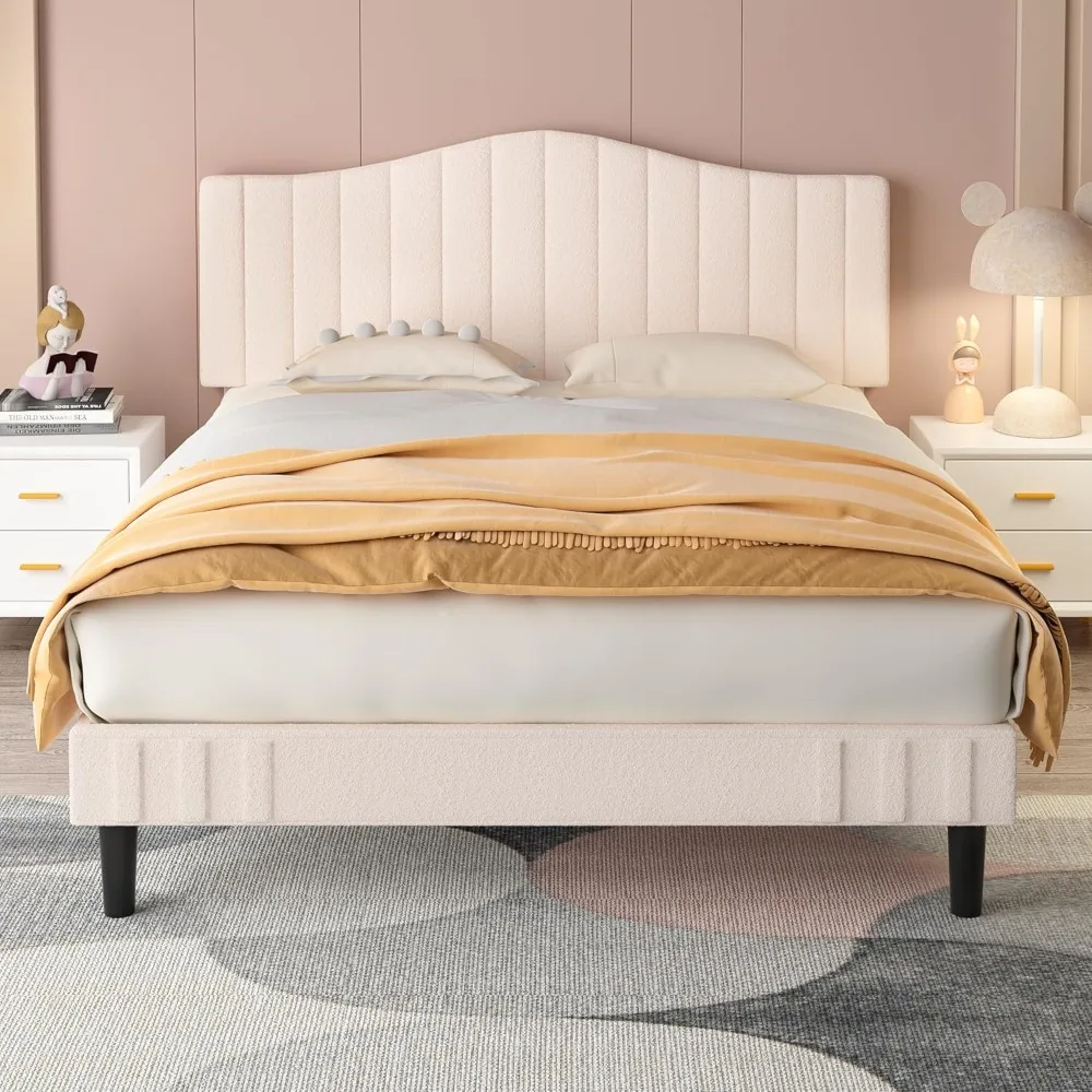 

Bed Frame Upholstered Platform Beds with Height-Adjustable Teddy Fabric Headboard, Noise-Free No Box Spring Needed, Bed Bases