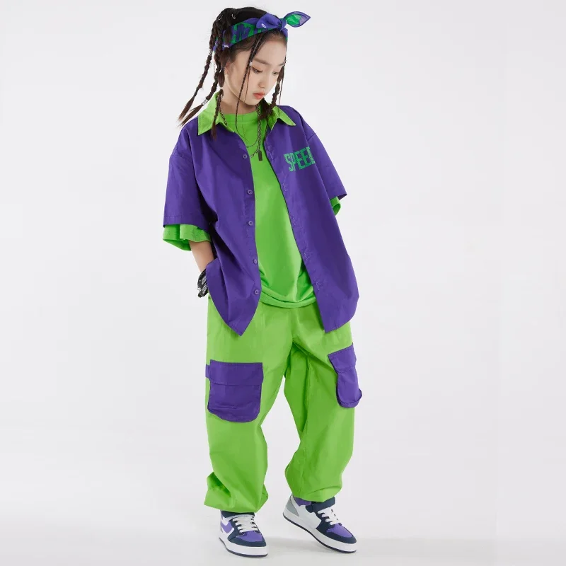 Costume de danse Hip Hop pour enfants, chemise violette, manteau, pantalon cargo vert, tenue de performance jazz, vêtements à la mode pour filles et garçons