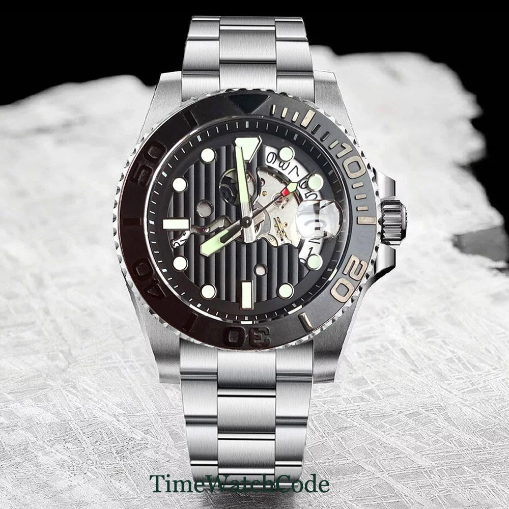 

Tandorio Diver Automatic Watch for Men 40mm Skeleton Dial Hollow Face Luminous NH35 20ATM 200M Water Resist 316L Bracelet