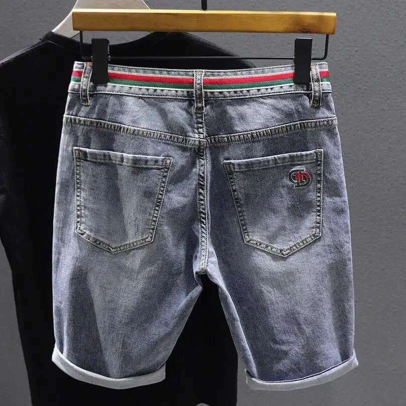 Men Blue Denim Shorts Jeans Stretch Elastic Denim Shorts Hight Quality Male Cotton Straight Fit Jeans Shorts Thin Holes Jeans