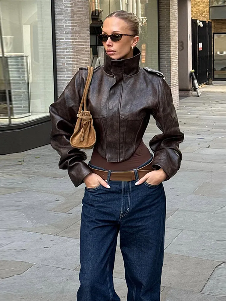 Veste en cuir pour femme, col montant, manches longues, tunique, simple boutonnage, manteau tendance pour femme, vêtement de moto et d'extérieur, printemps