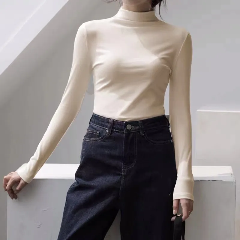 قميص نسائي بياقة نصف عالية وأكمام طويلة، ضيق ومريح للارتداء الداخلي، أنيق للربيع والخريف، متعدد الاستخدامات من البوليستر بأسل...