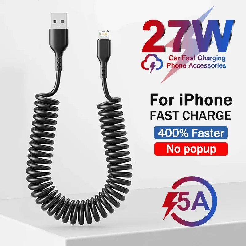 PD 27W 5A Car Spring Stretch Fast Charging Cable For Apple iPhone 14 11 12 13 Pro Max 7 8 14 Plus X XR XS Data Cable Accessories