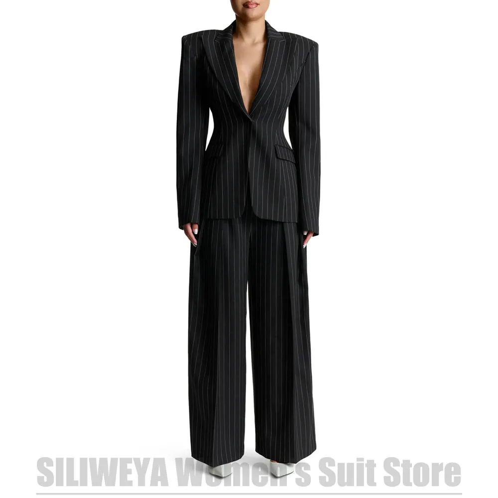 

Черный женский полосатый костюм из двух предметов, шикарный костюм с острым лацканом на одной пуговице, официальный офисный рабочий наряд, элегантные деловые повседневные костюмы для вечеринок