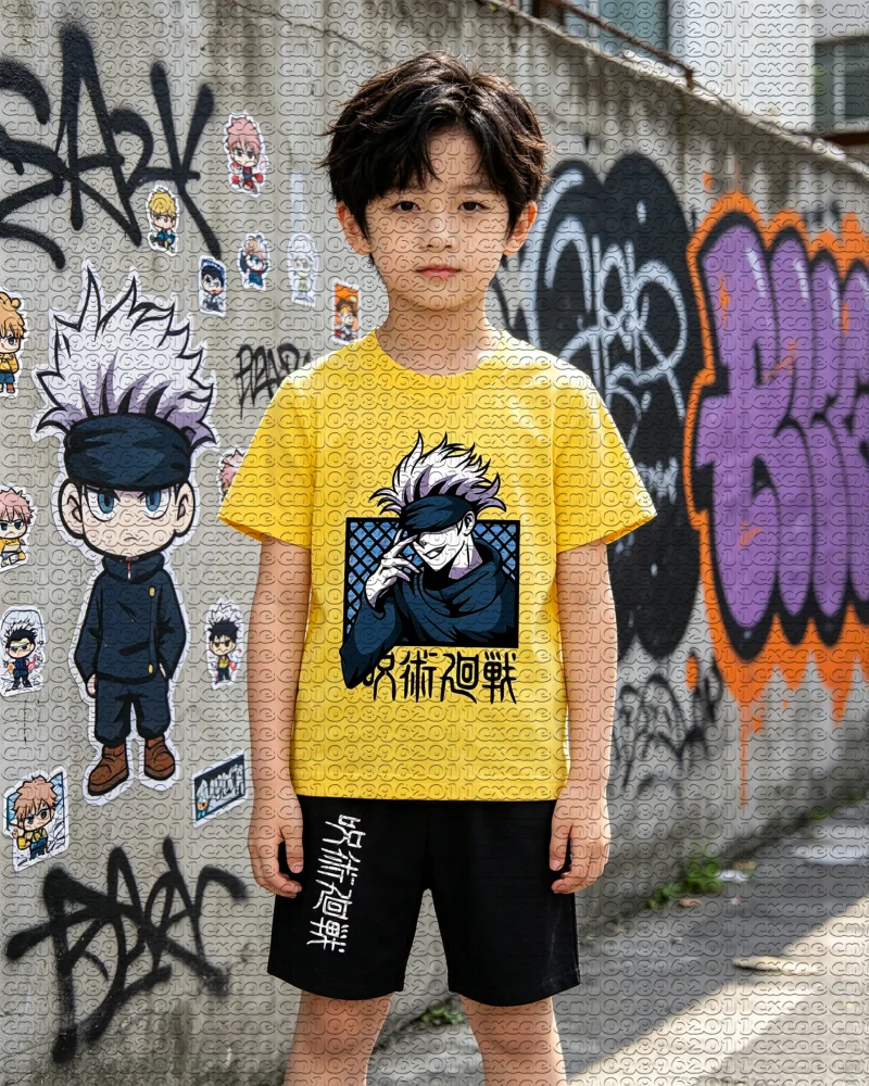Summer Anime Jujutsu Kaisen Gojo Satoru Grid Frame Print 2Pcs Outfit Quick Dry Breathable Sports Short Sleeve Tee Shorts Unisex