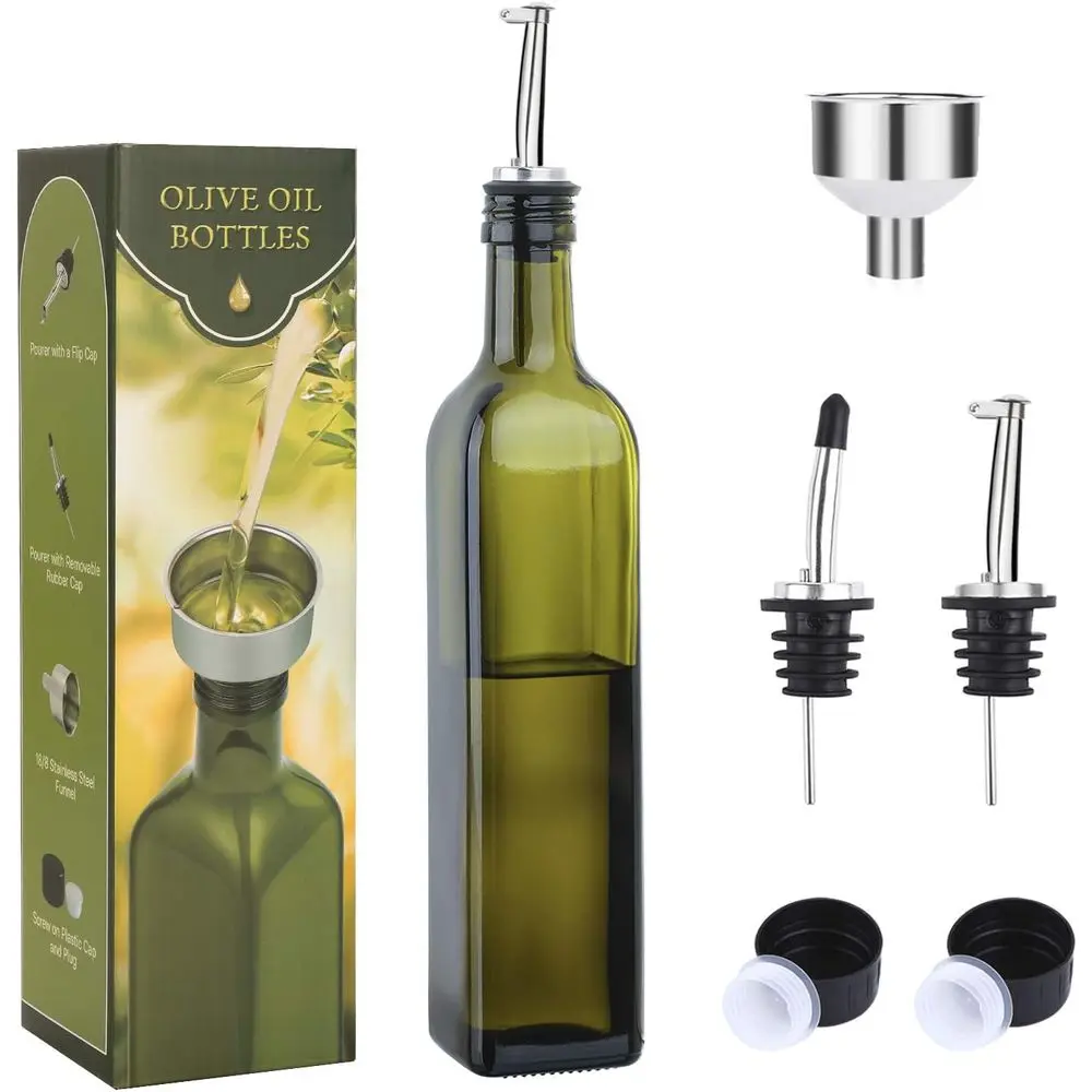 

17oz Glass Olive Oil Bottle Dispenser - 500ml Green Oil and Vinegar Cruet with Pourers and Funnel - Olive Oil Care Decanter or K