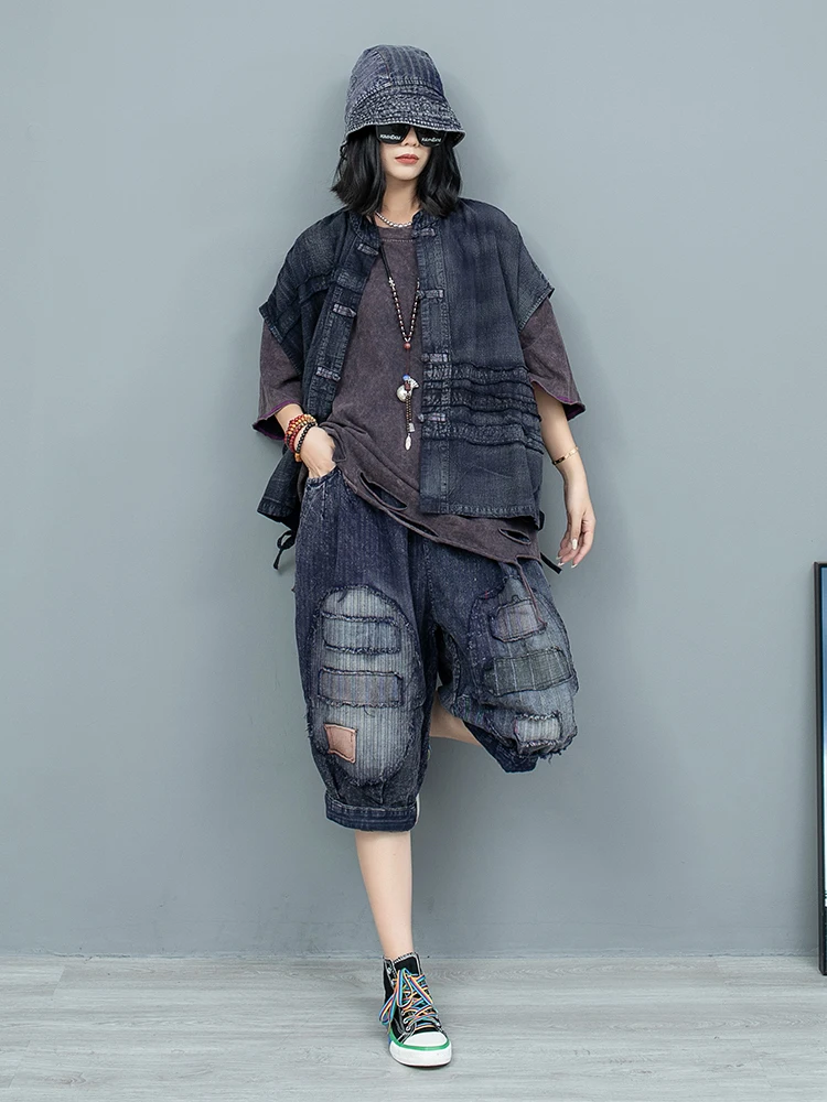 Distressed Fabric Patchwork Button Up Cardigan Side Tied Vest + Cropped Pants Two-piece Set Women 2024 Autumn Pant Set ZF092