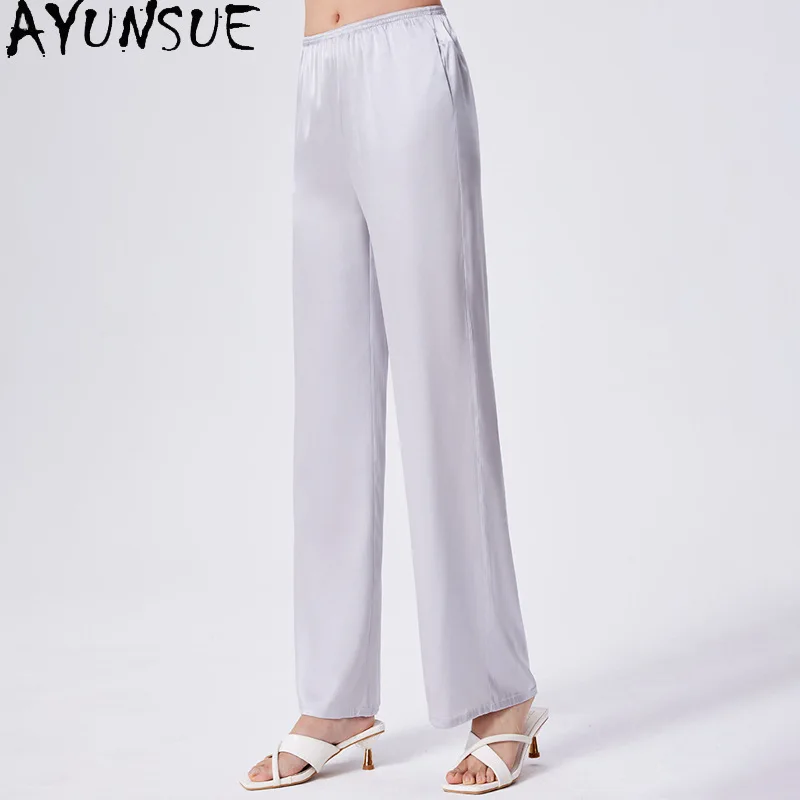 

AYUNSUE 95% Silk Women's Pants and Trousers High Waist Wide Leg Pants Woman Thin Summer Long Pants Woman Clothes Брюки Женские