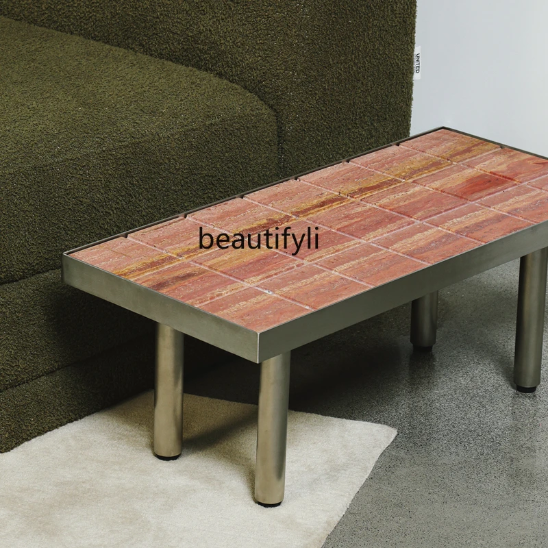 

Natural Red Travertine Side Table Marble Vintage Creative Side Table Stainless Steel Tea Table