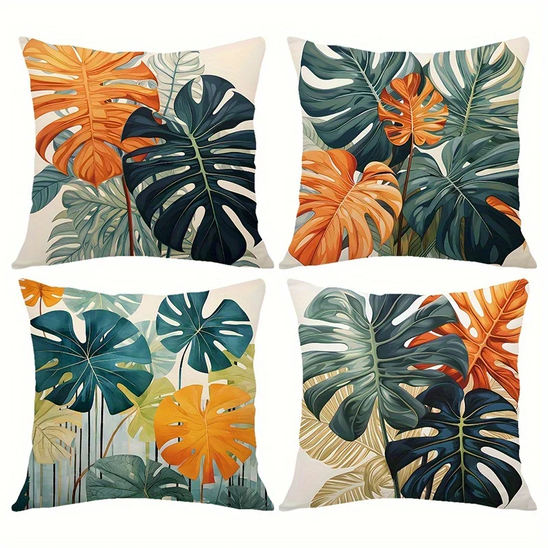 4-Piece Tropical Leaf Pattern Throw Pillow Cover Set Can Also Be Used as Support Pillows and Cushion Covers, Insert Not Included