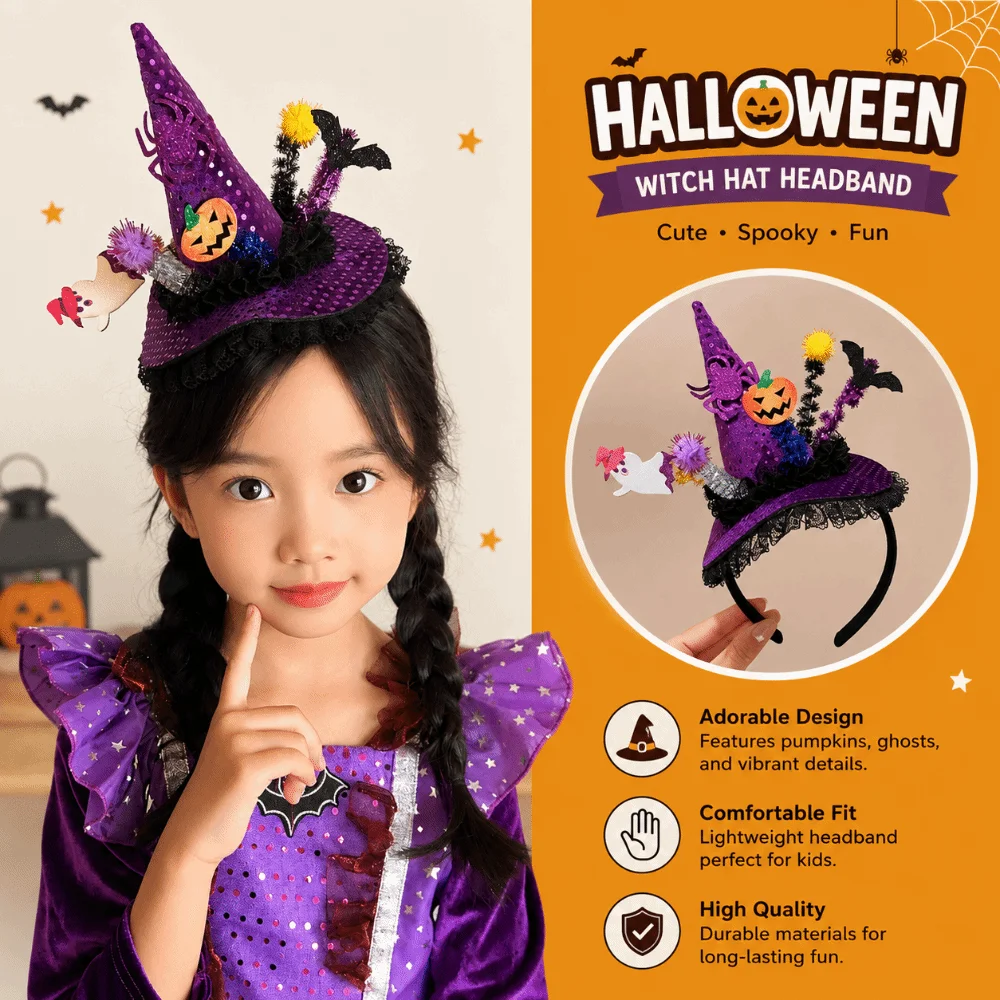 Pointed Hat Halloween Headband Pumpkin Ghost Dress Up Witch Hat Hairband Lace Ribbon Cosplay Props ‌Children's Hair Hoop‌