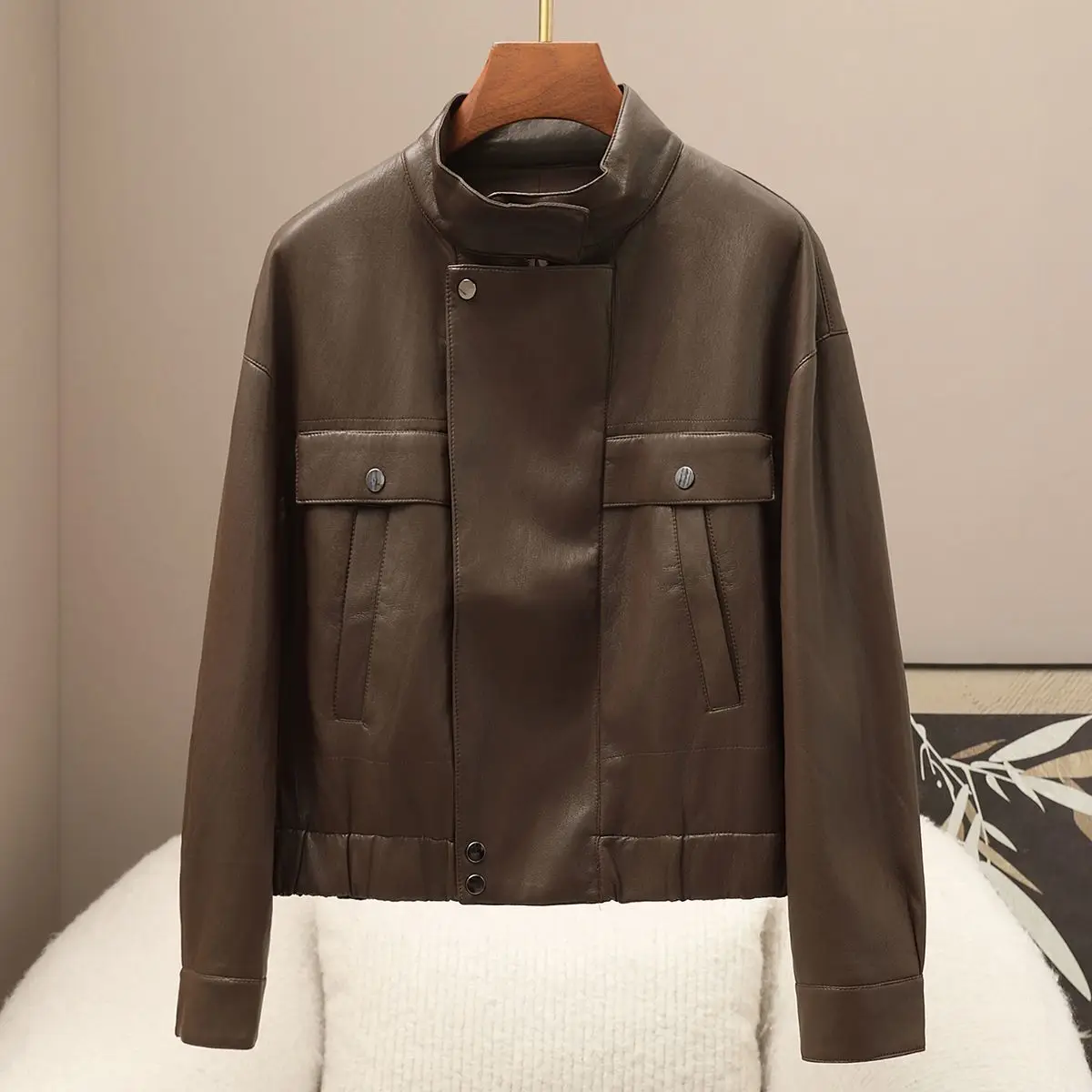 Nova Jaqueta Feminina Retrô Americana de Couro PU com Gola Alta e Caimento Solto