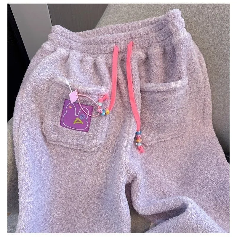 優しい秋と冬のフロッキー加工レディース伸縮性ハイウエストポケット付きおしゃれカジュアル暖かいパンツ