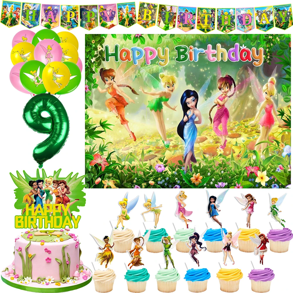 Tinker Bell Cartoon Fairy Elves Birthday Party Decoration Supplie Cake Decoration Banner Numbers Balloon Background Baby Shower