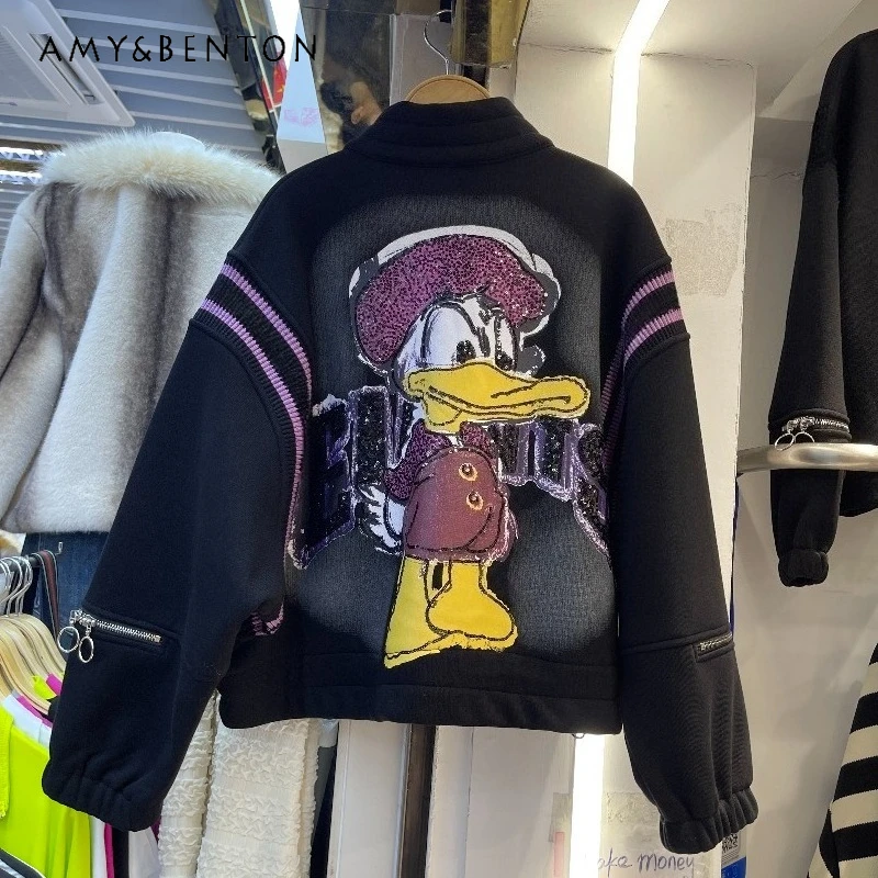 

Fashion Trend American Casual Retro Cartoon Fleece Hoodies Jacket New Loose Slimming Long-sleeves Top Zipper Sudaderas De Mujer