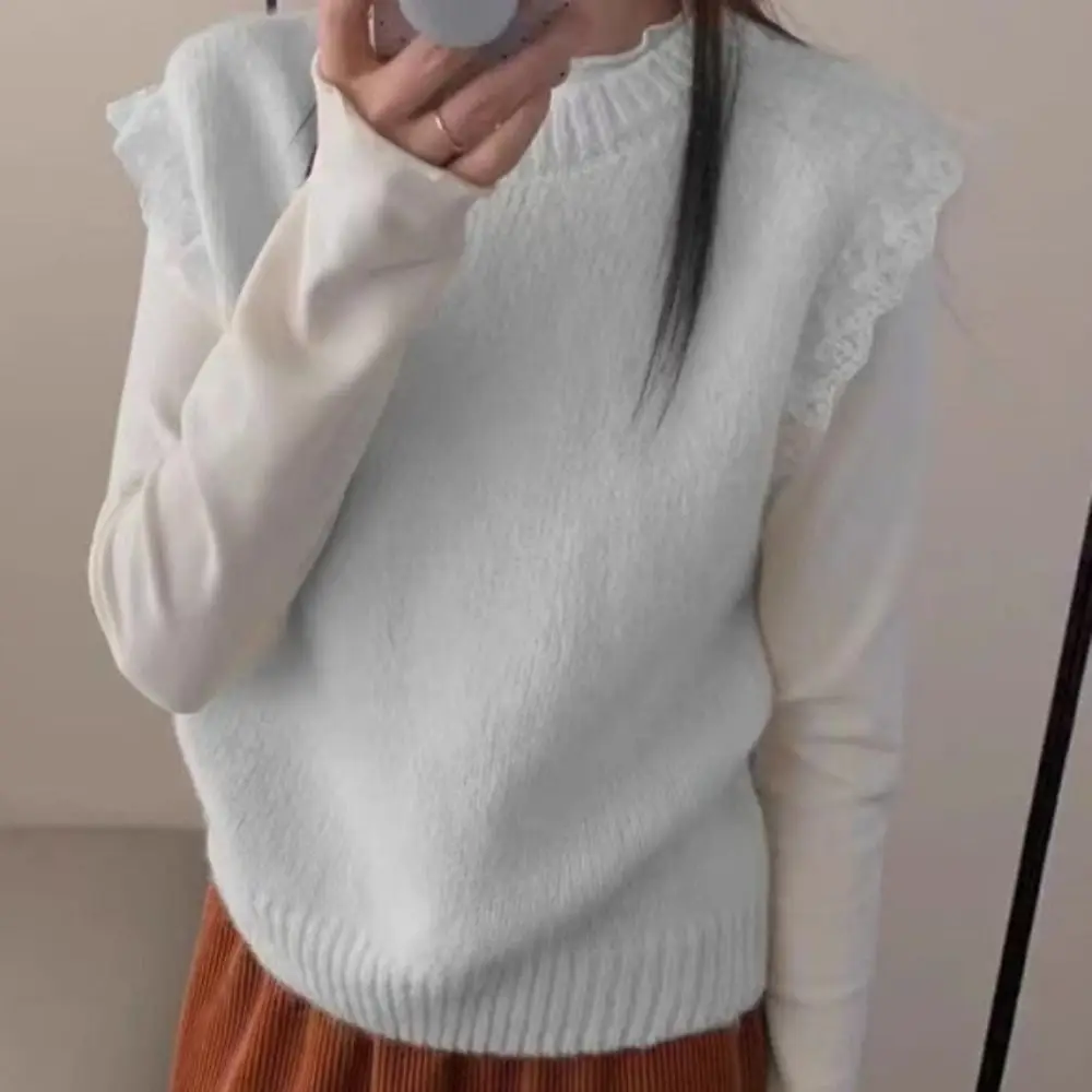 Fashion Round Neck Lace Sleeveless Sweater Pullover Korean Style Knitwear Women Solid Color Sweet Knitted Waistcoat Top Girls