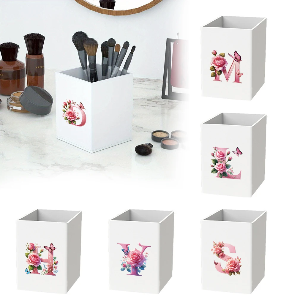 

Tationery Organizer Practical Acrylic Pen Holde Large Capacity Makeup Brush Case Pink Butterfly Initial Name 26 Letters Pattern