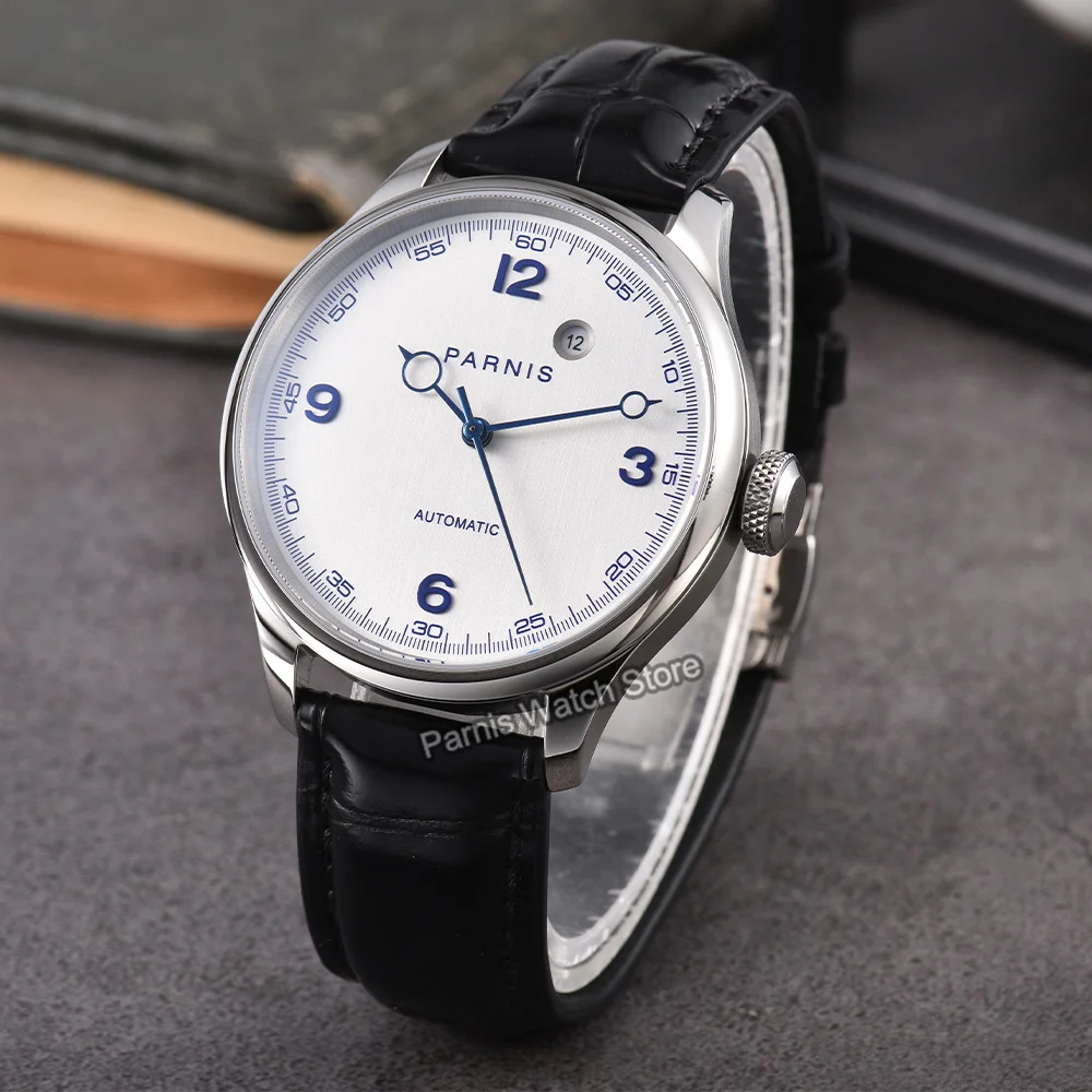 41mm Parnis Blue Marks White Dial Sapphire Crystal Men Wristwatch Stainless Steel Automatic Watch