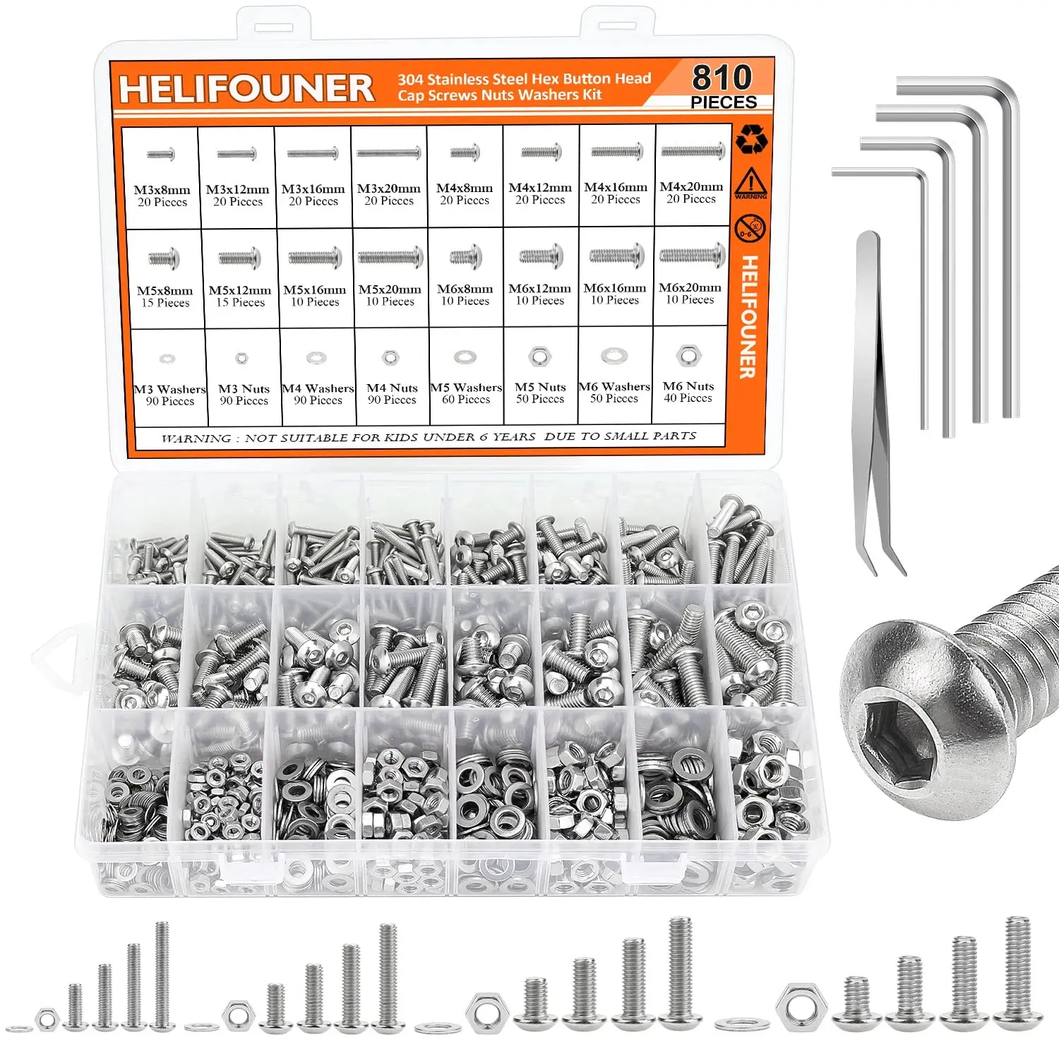 

810-Piece M3-M6 304 Stainless Steel Screws, Bolts, Washers, Nuts Kit with Hex Wrenches for Various Applications
