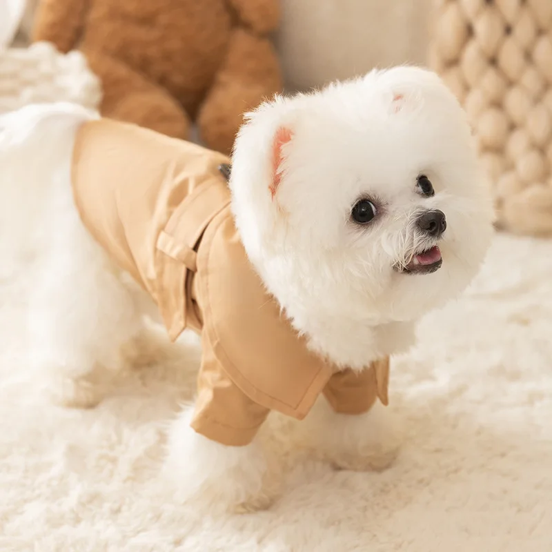 Puppy Dog Clothes Hooded Khaki Waist Windbreaker Small Puppy Outdoor Windproof Two Legged Coat Pet Apparel Dog Costume Dog Cape