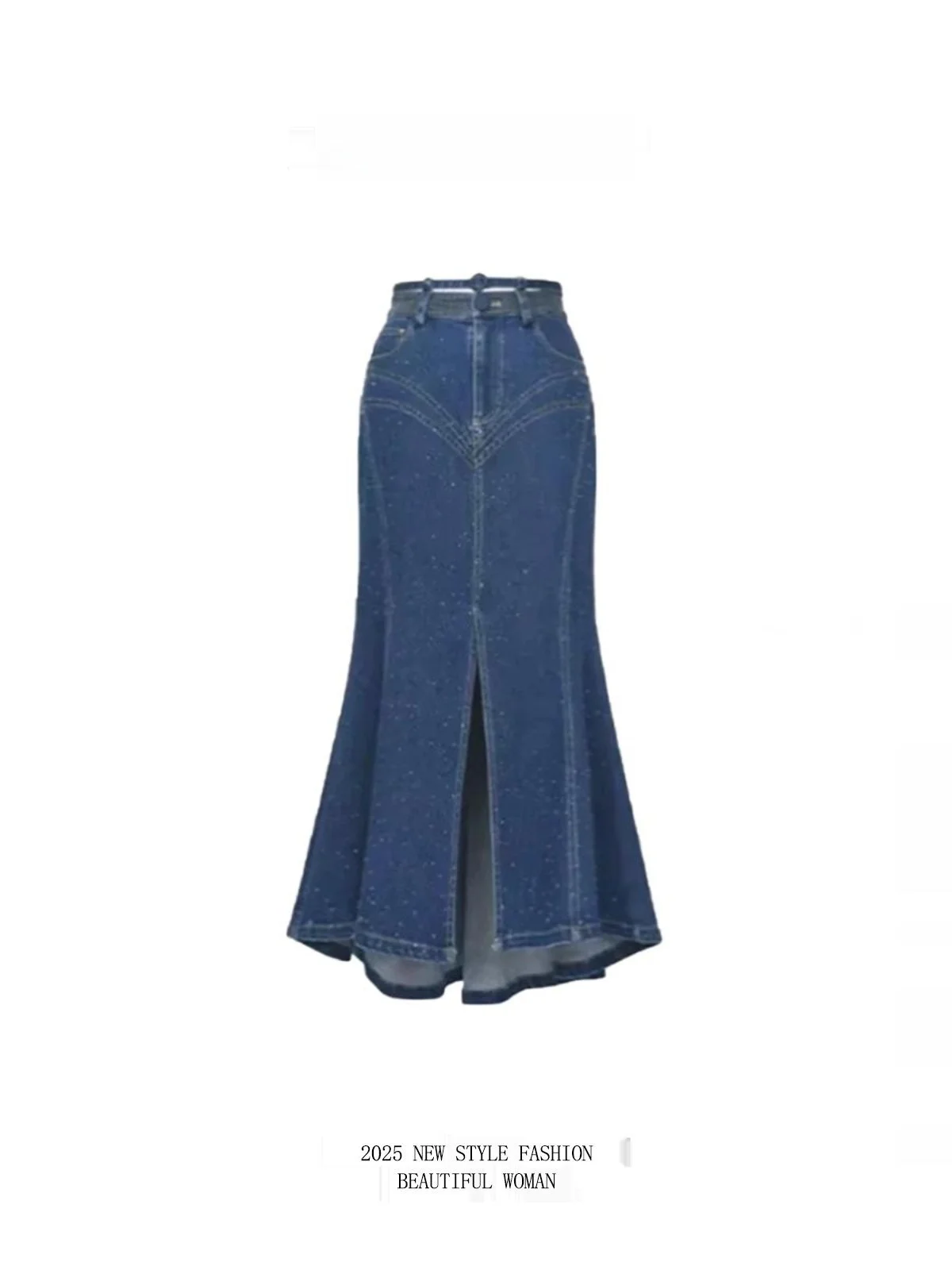 

Длинная джинсовая юбка Ele Vintage Fi Tail с асимметричным кроем, стразами, завышенной талией и А-силуэтом для повседневной носки и офиса