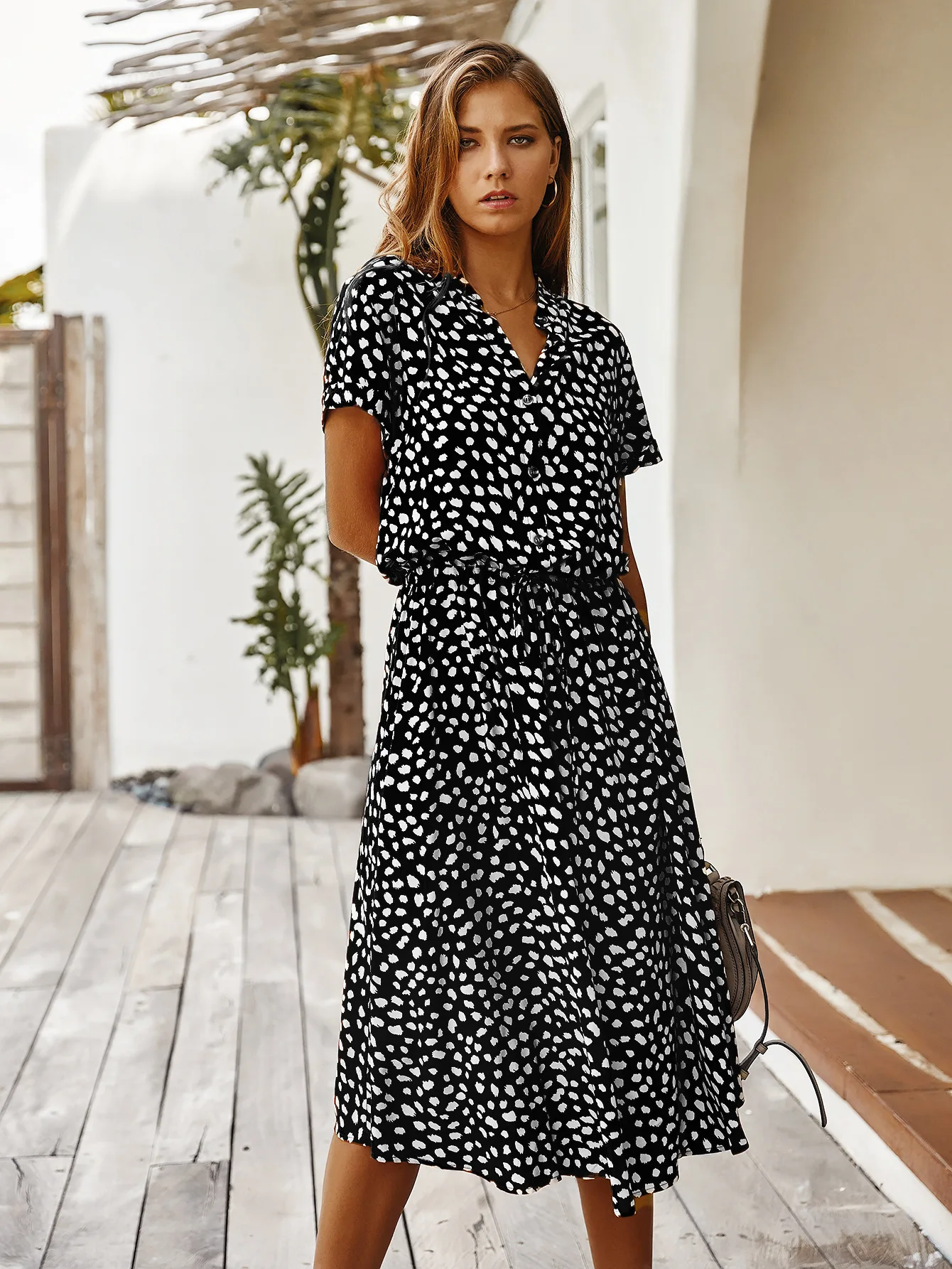 Moda Krótki rękaw Point Dot Midi Sukienka Kobiety 2025 Lato Casual Boho Eleganckie Długie Sukienki Biurowe Dla Kobiet Robe Femme