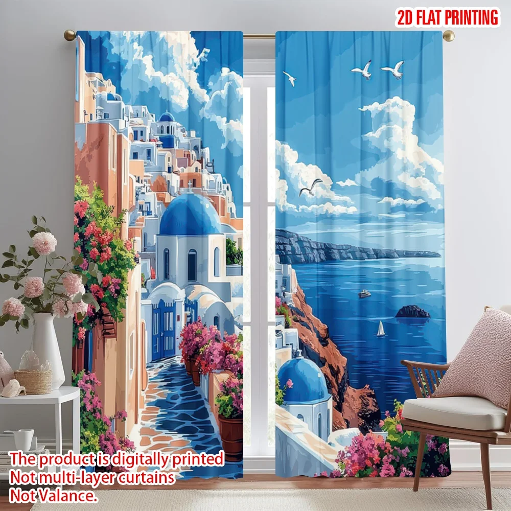

2D flat printing 2pcs Window Curtains Seaside Cliff Village Digital Printed Polyester Drapes Birthday Party for living room