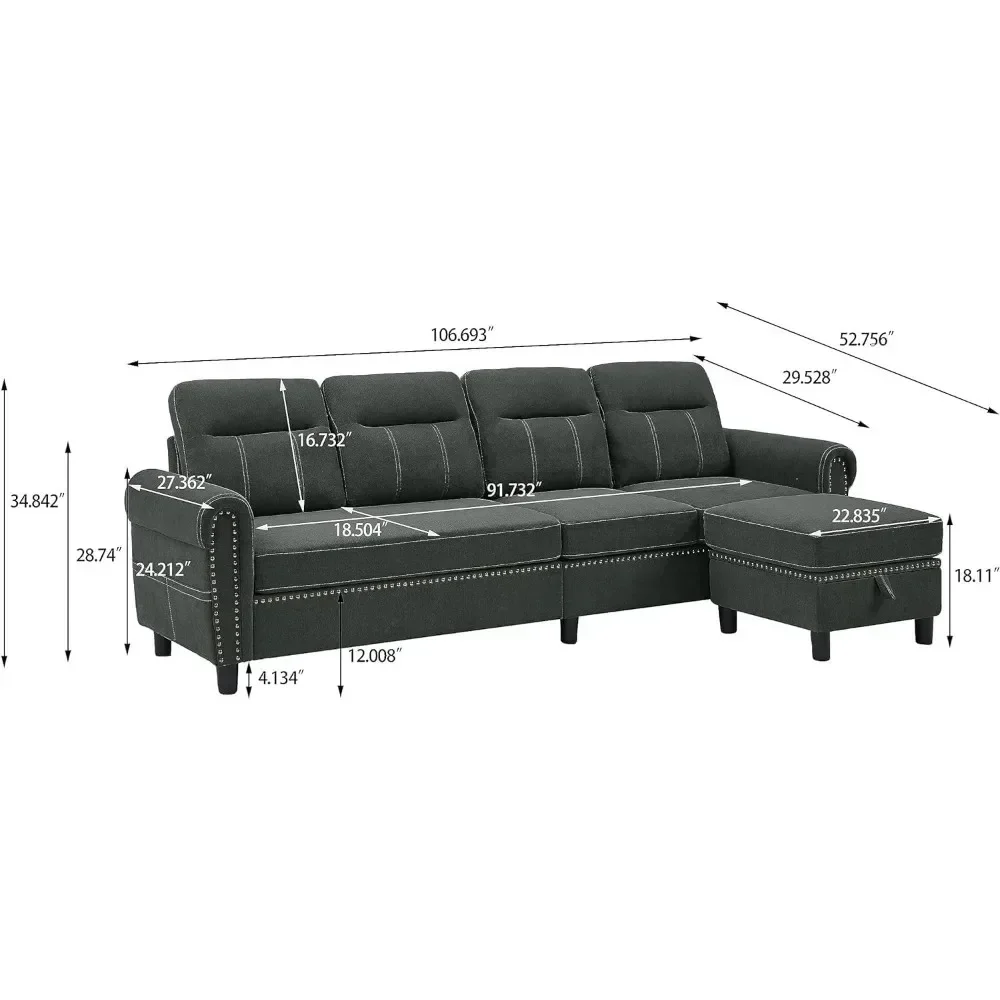 Convertible Sectional Sofa Couch, 4 Seater L Shaped with Ottoman Reversible Chaise, Modern Microfiber Couches for Living Room