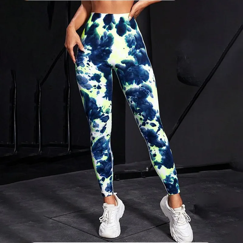 ​​Seamless Tie Dye Yoga Leggings Women High Waist Push Up Butt  4-Way Stretch Outdoor Workout Leggings Fashion Slim Leggings
