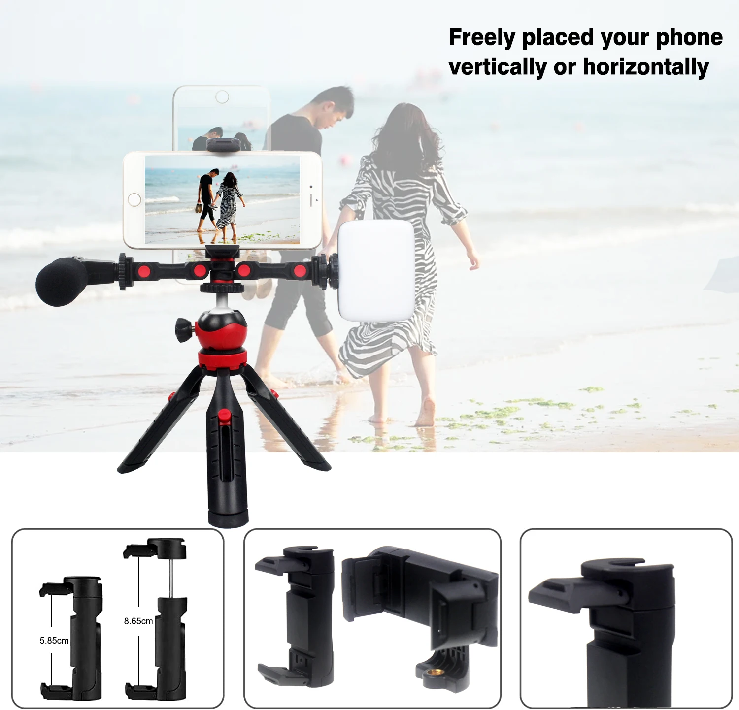 回転式コールドシューマウントアダプター,電話クリップ付きデュアルコールドシューズ延長バーブラケット,カメラ用LEDライトマイク