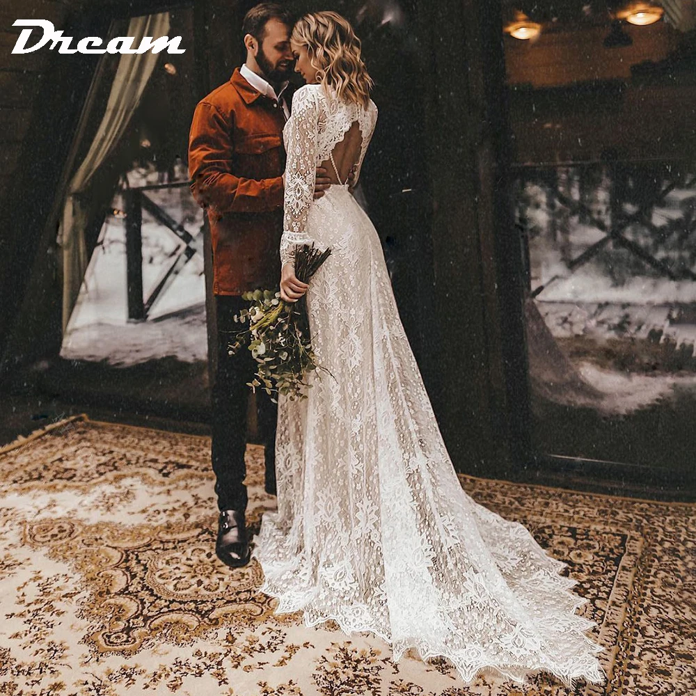 DREAM Long Sleeves Floral Lace V Neck Boho Wedding Dress Deep V Neck Open Back Modest Rustic Civil Bridal Gown