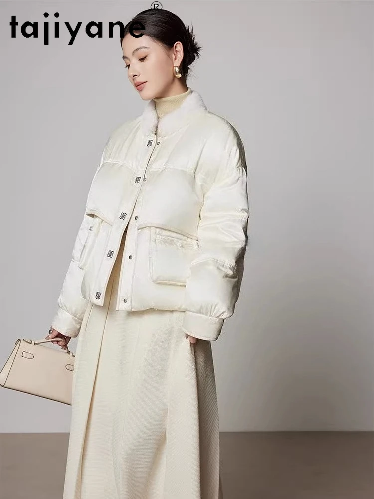 TAJIYANE 90% Goose Down Jacket Woman Elegant Mink Fur Collar Coat Short Silk Puffer Jackets 2025 Winter Women Clothes пуховик