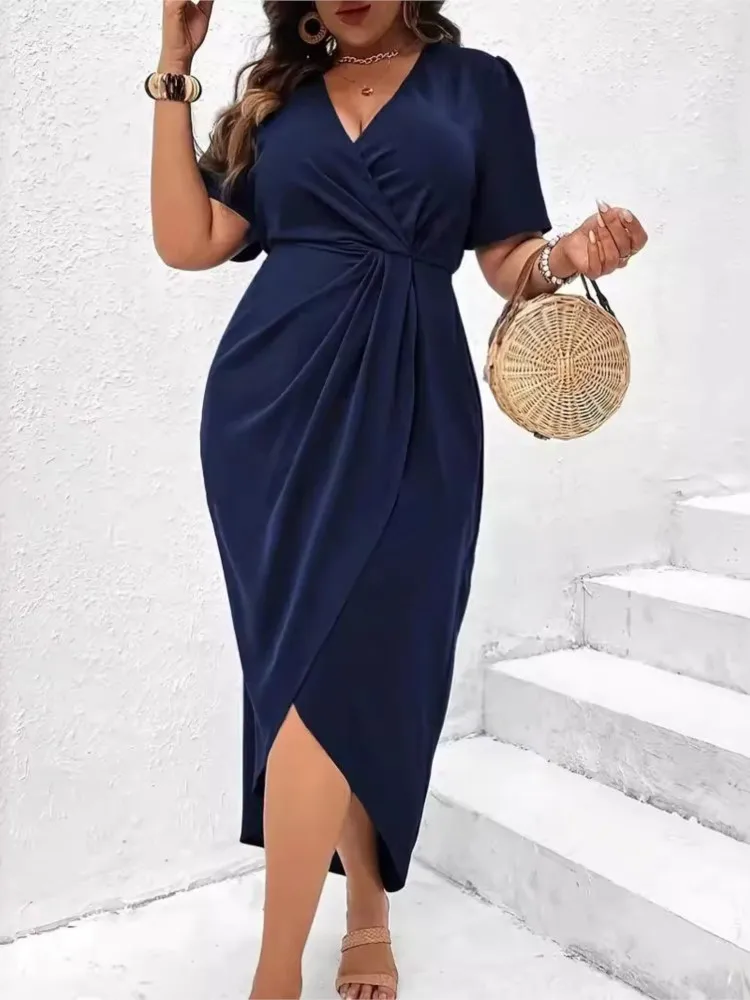 Plus Size Summer V-Neck Midi Dress Women Irregular Ruffle Pleated Fashion Slim Waist Ladies Dresses Short Sleeve Woman Dress