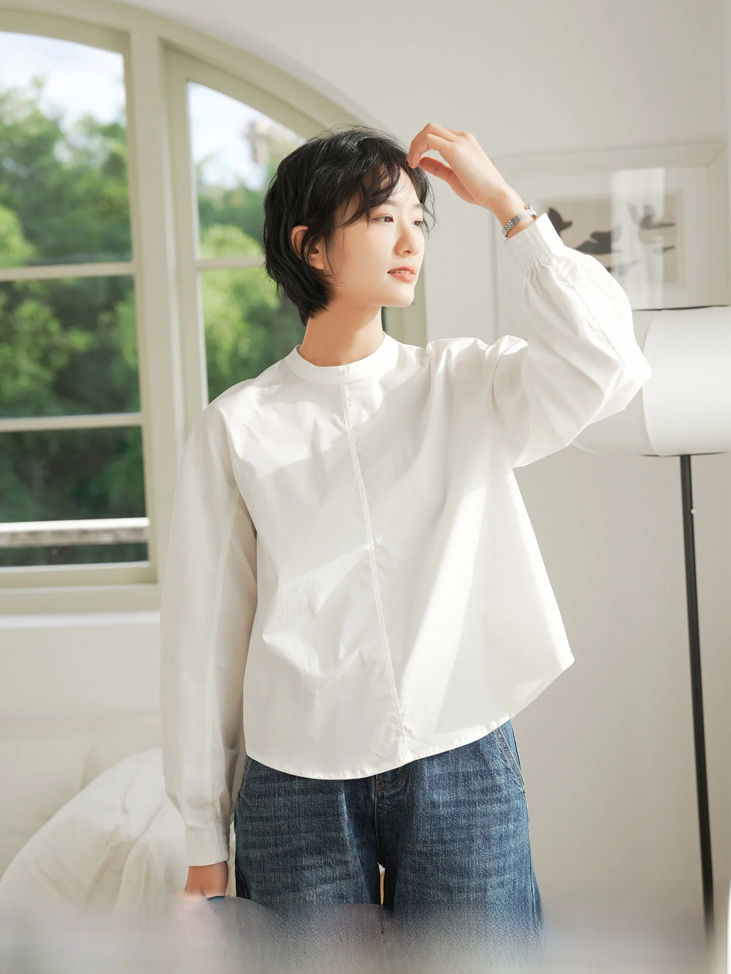 

Повседневная белая женская рубашка с круглым вырезом и длинными рукавами, свободного кроя, из хлопка, летний дизайн, в повседневном стиле, женский топ