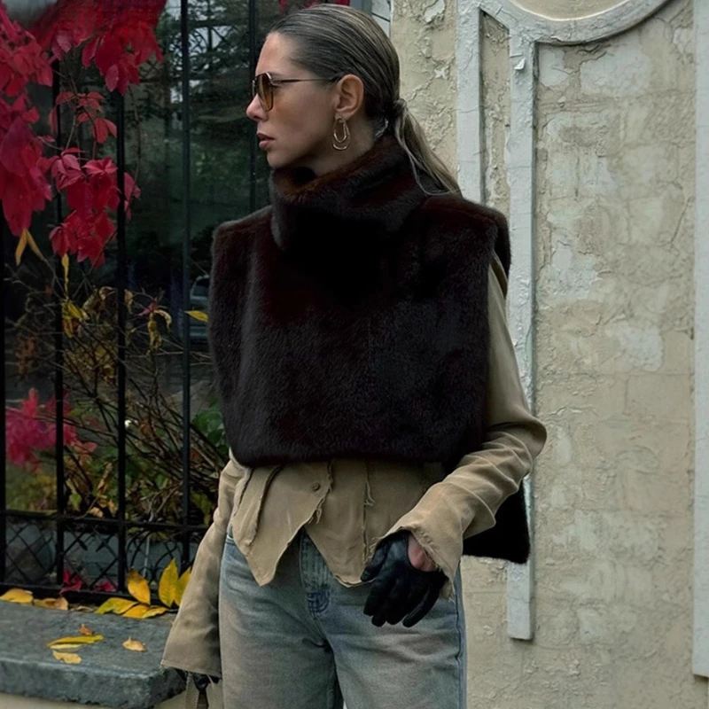 

TARUXY жилет из искусственного меха, пальто, водолазка из норки, женский однотонный свободный жилет без рукавов, уличная мода, осень-зима, новый женский жилет для отдыха