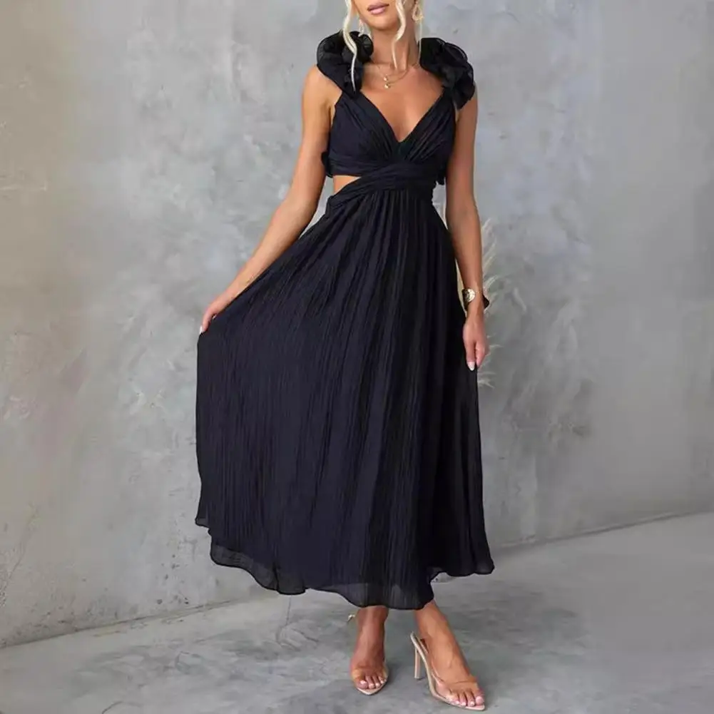 

Women Evening Dress Corss Back Ruffle Pleated Deep V Neck Sleeveless Lace-up Strap Ankle Length Prom Party Maxi Dress