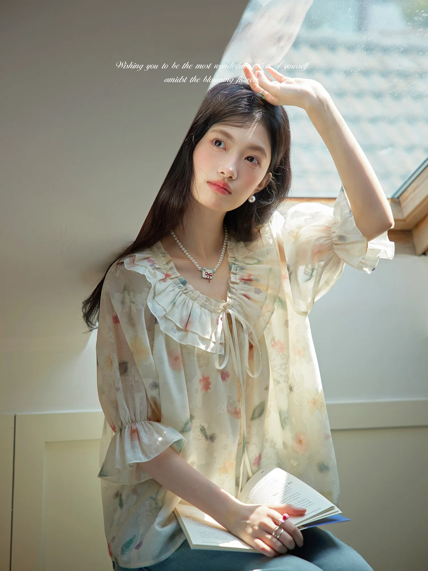 

ORWhite Vintage Floral Women's irt Summer Thin Sun Protection Five-Quarter Sve Tie-Belted Loose Fit round Ne Top