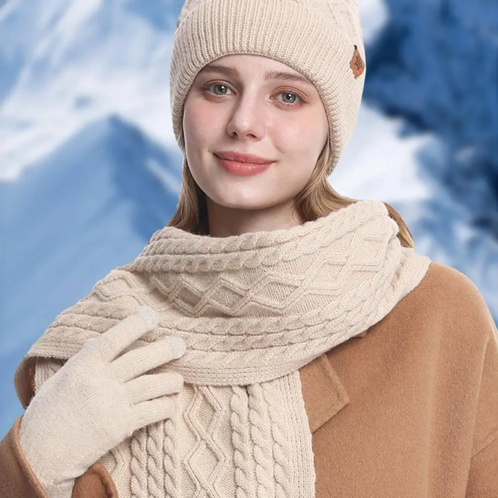 Ribbed Cable Knit Scarf Winter Hat Scarf Gloves Set with Plush Ball Decor Fleece Lined Beanie Knit Scarf Touchscreen for Women