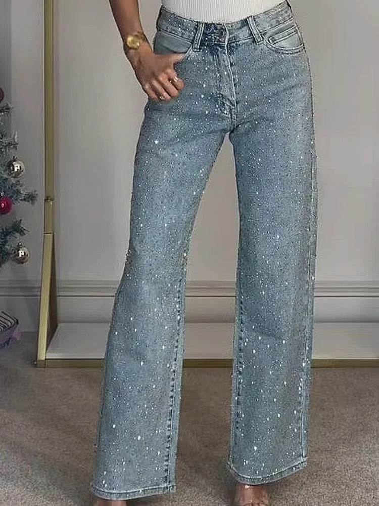 

Прямые джинсы для женщин, брюки с бриллиантами, эластичные брюки с высокой талией, потертые карманы, винтажные джинсы, уличная одежда, женские брюки