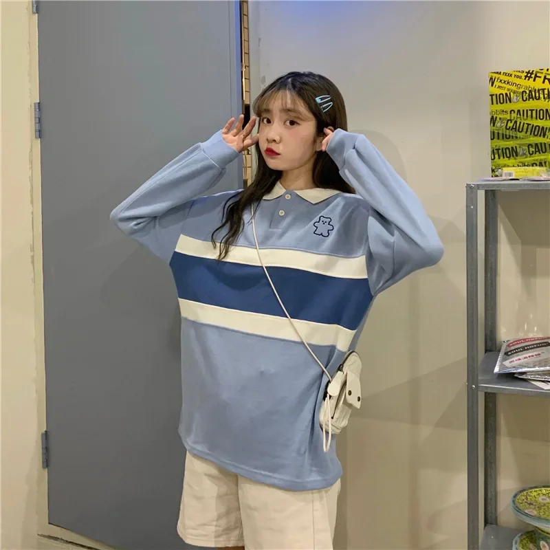Kawaii Bear Embroidered Striped Pullovers Preppy Style Women Lapel Loose Casual Tops Sweet Japanese Spring Autumn Sweatshirts
