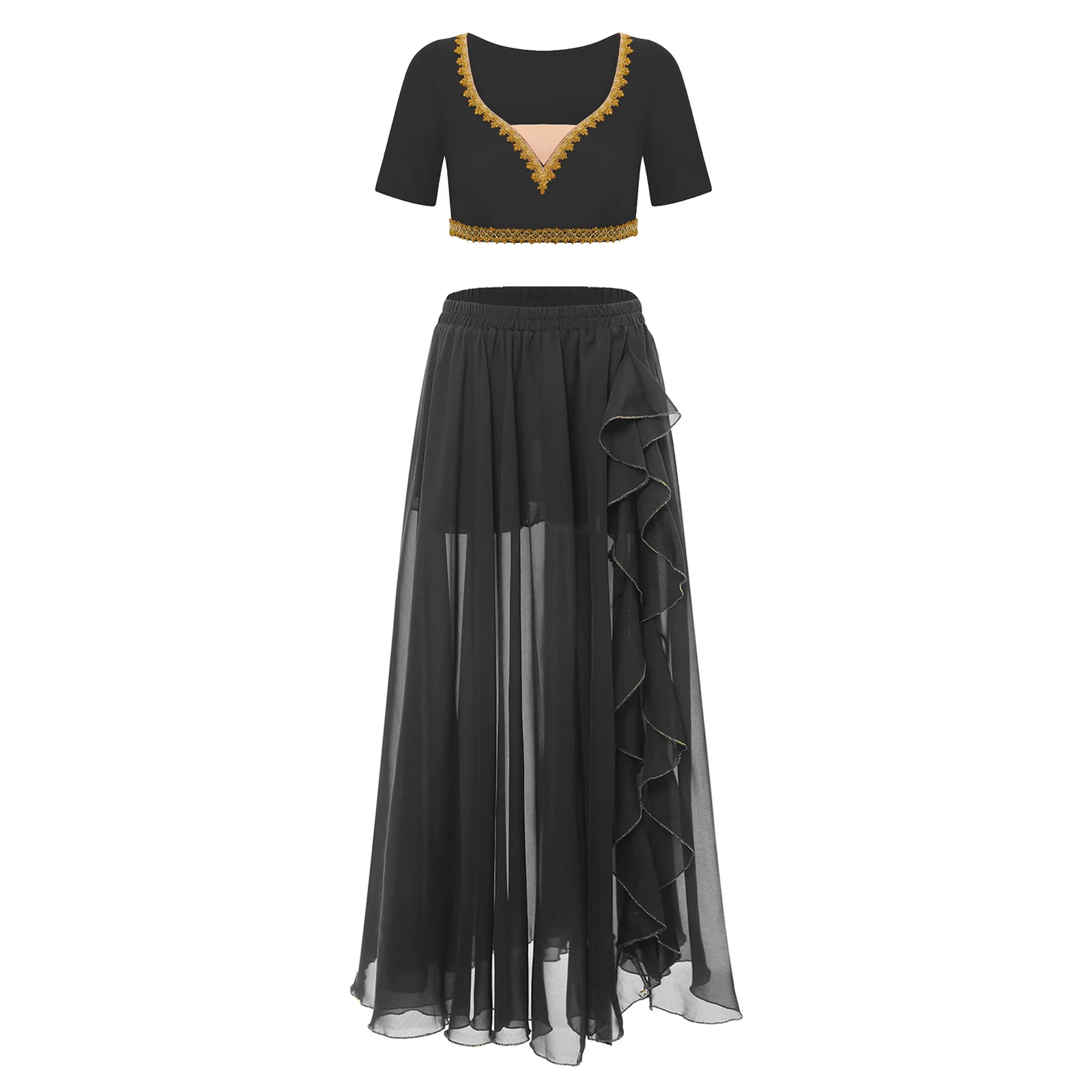 

Women Halloween Arab Princess Dress Up Costume Crop Top with Slit Chiffon Skirt India Dance Belly Dancing Performance Outfit