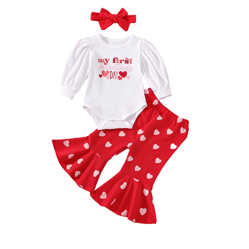 Baby Girls Autumn Outfit Sets White Long Sleeve Letter Print Romper Heart Print Flared Pants Headband