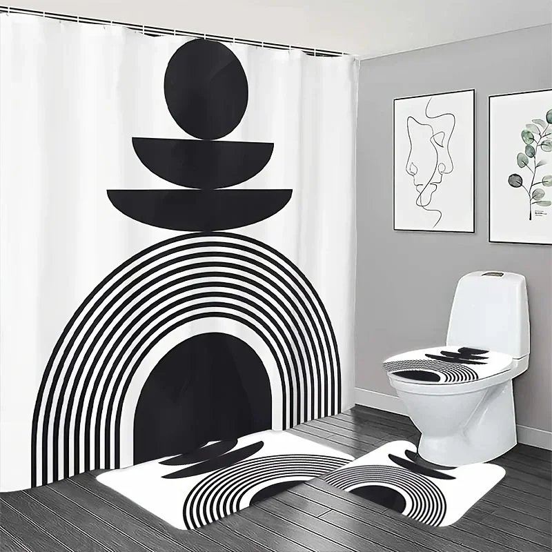 

4-piece white simple pattern shower curtain set with hooks Non-slip bathroom floor mats Toilet U-shaped mats Toilet lid mats