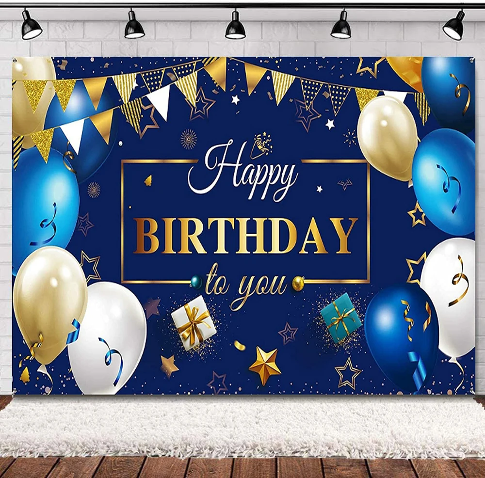 Happy Birthday Decor Banner Navy Blue And Gold Sign Supplies Photography Backdrop For Favor Men Women Celebration Background