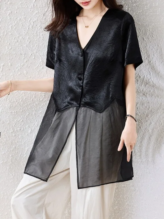 Women's ort Sve irt Luxury Sensation Summer Thin Sunscreen Middle Length Open Split Casual Faion V-ne Loose Fit