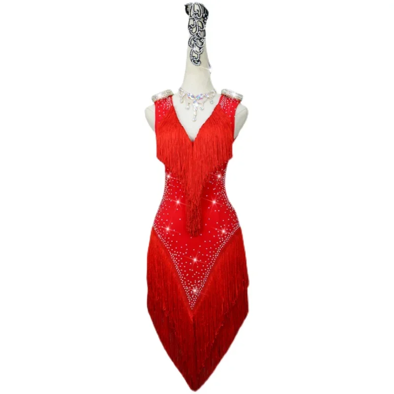 Vestido vermelho de dança latina para adultos e crianças, saia matador, saia dividida, trajes de competição, vestido performer, personalizar