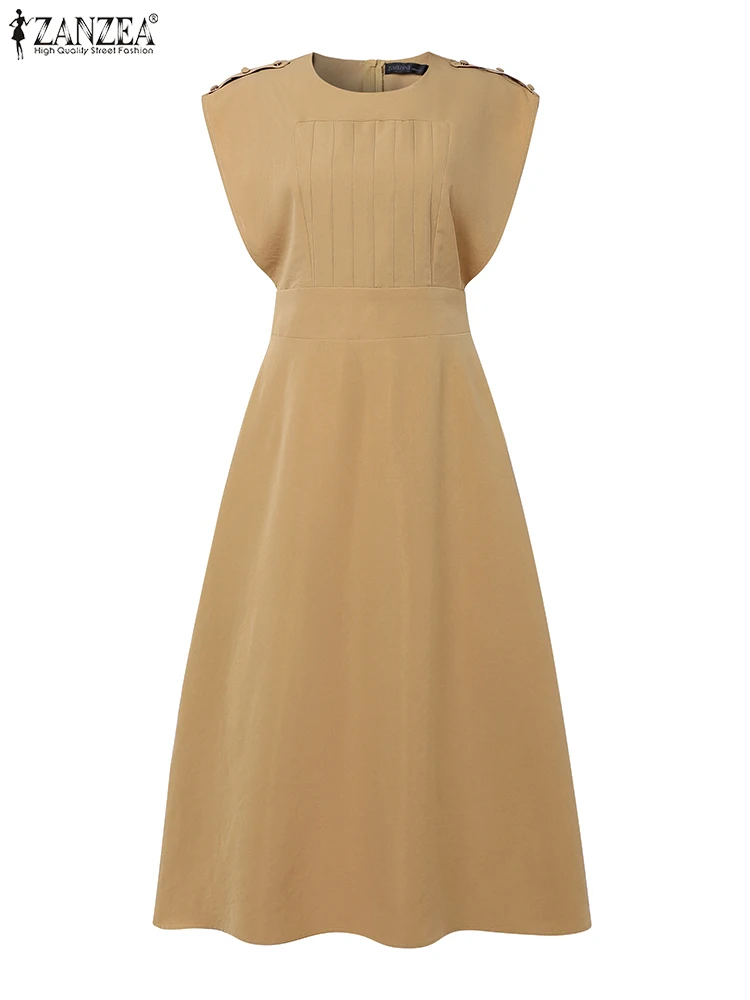 

Elegant Work Midi Dress Women Sundress Sleeveless High Waist A-Line Vestidos Casual Loose Solid Color Robe Femme 2025 ZANZEA